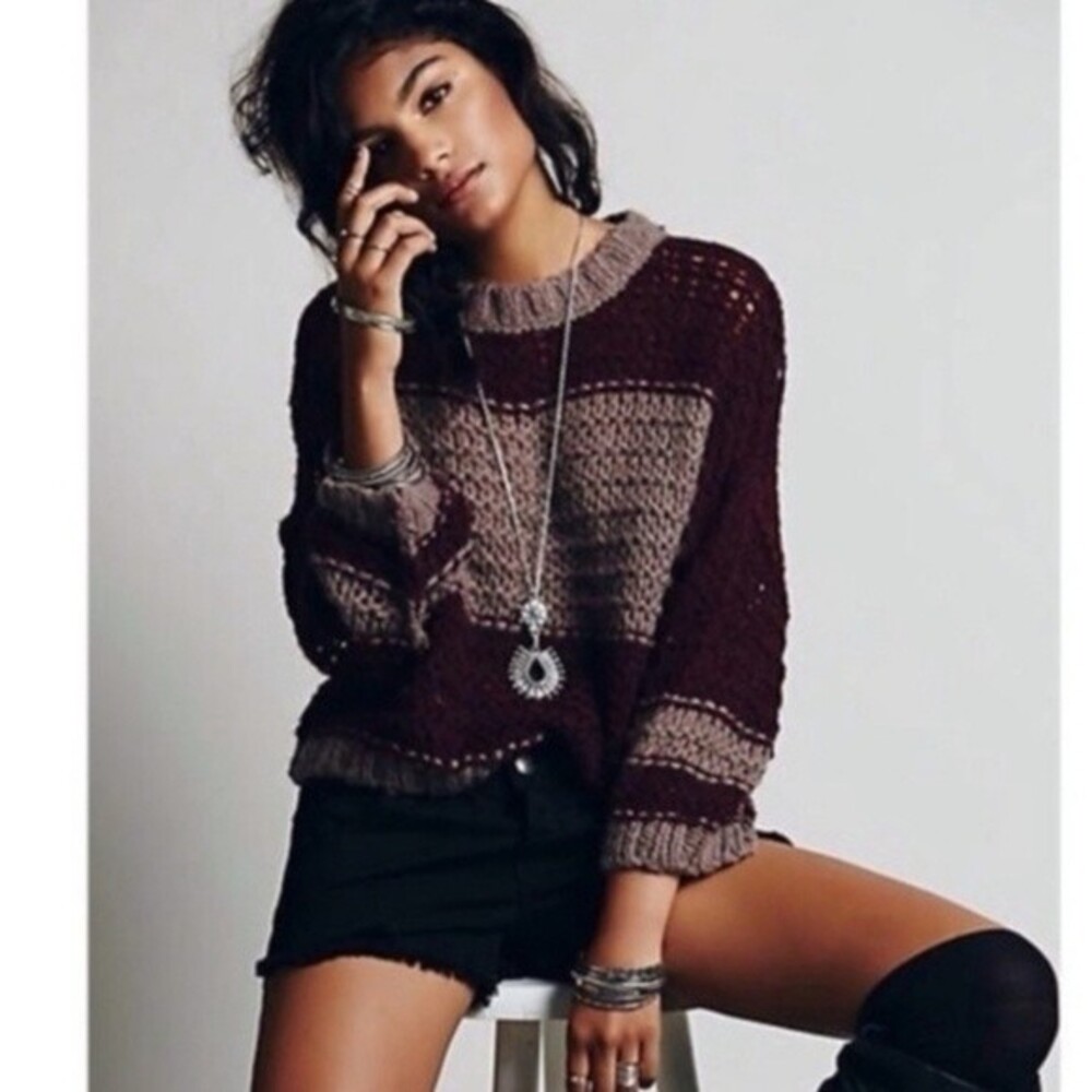 Free People Monaco Open Knit Color Block Chunky Sweater Slouchy Burgundy XS